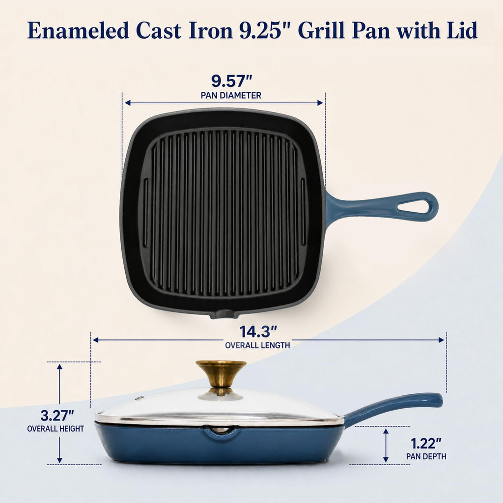 9.25" Enameled Cast Iron Grill Pan with Lid