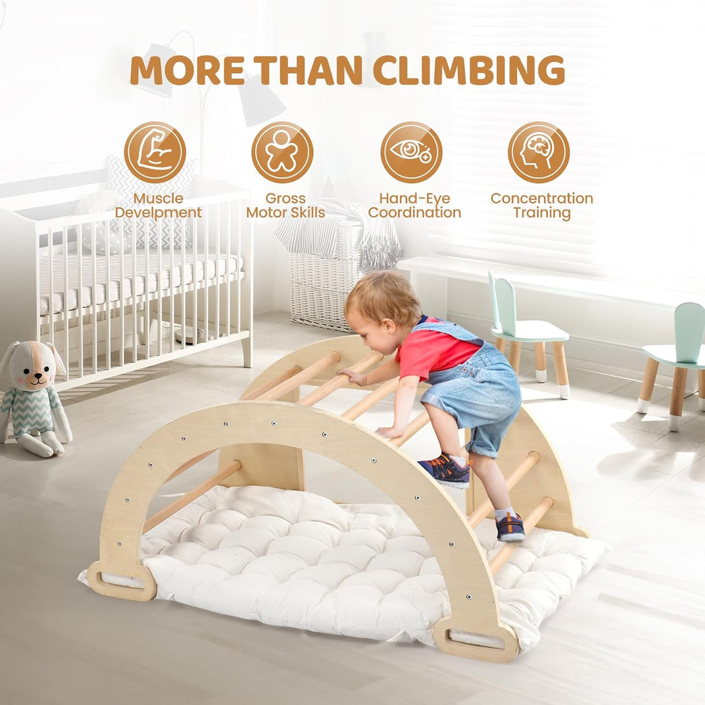 In-1 Triangle Climber Arch Rocker with Cushion Sensory Table Set for Kids, Montessori Wooden Climbing Toys