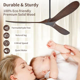60" Ceiling Fans Without Lights, 60 Inch Outdoor Ceiling Fans no Lights, 3 Blade Solid Wood Damp Rated Ceiling Fan with Remote Control for Living Room Gazebo Farmhouse/Patios Porch - Dark Walnut