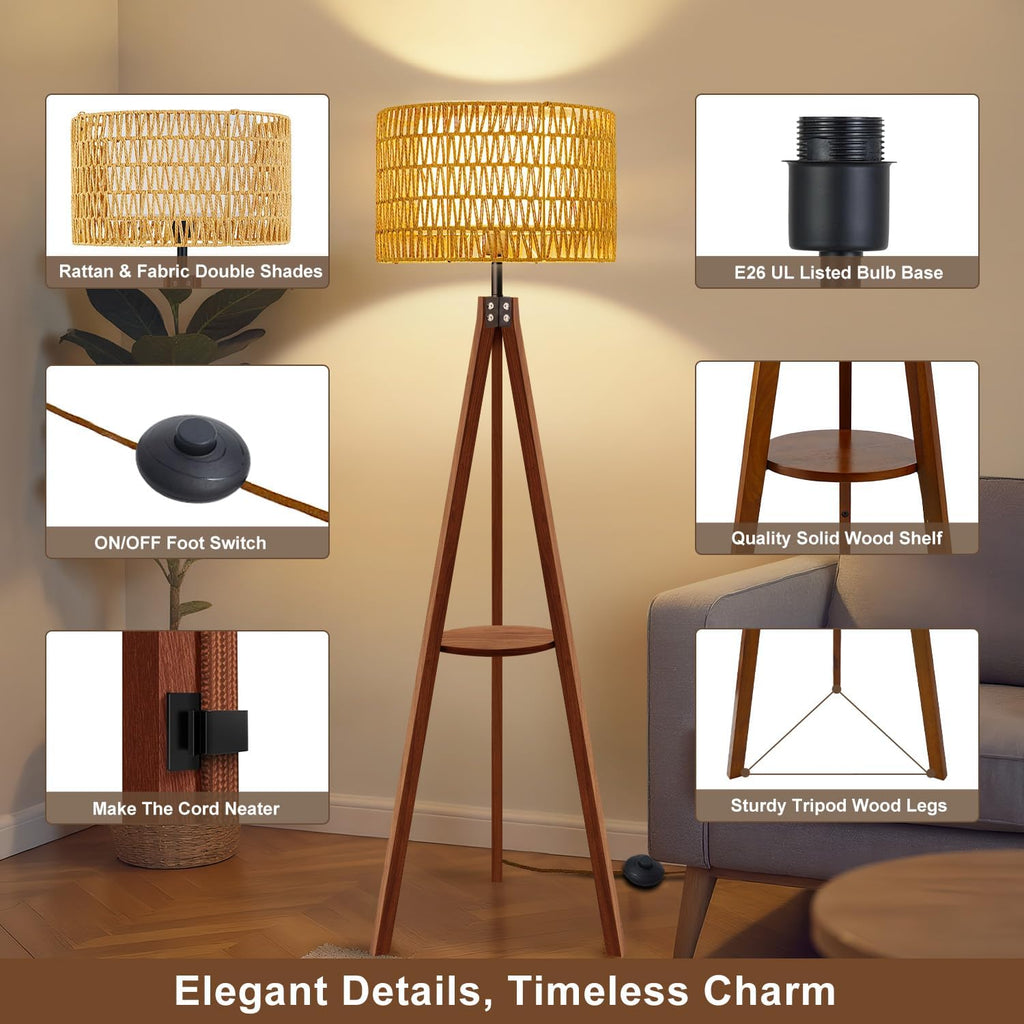 Boho Tripod Floor Lamp with Shelf, Double Lampshades Mid-Century Standing Lamps