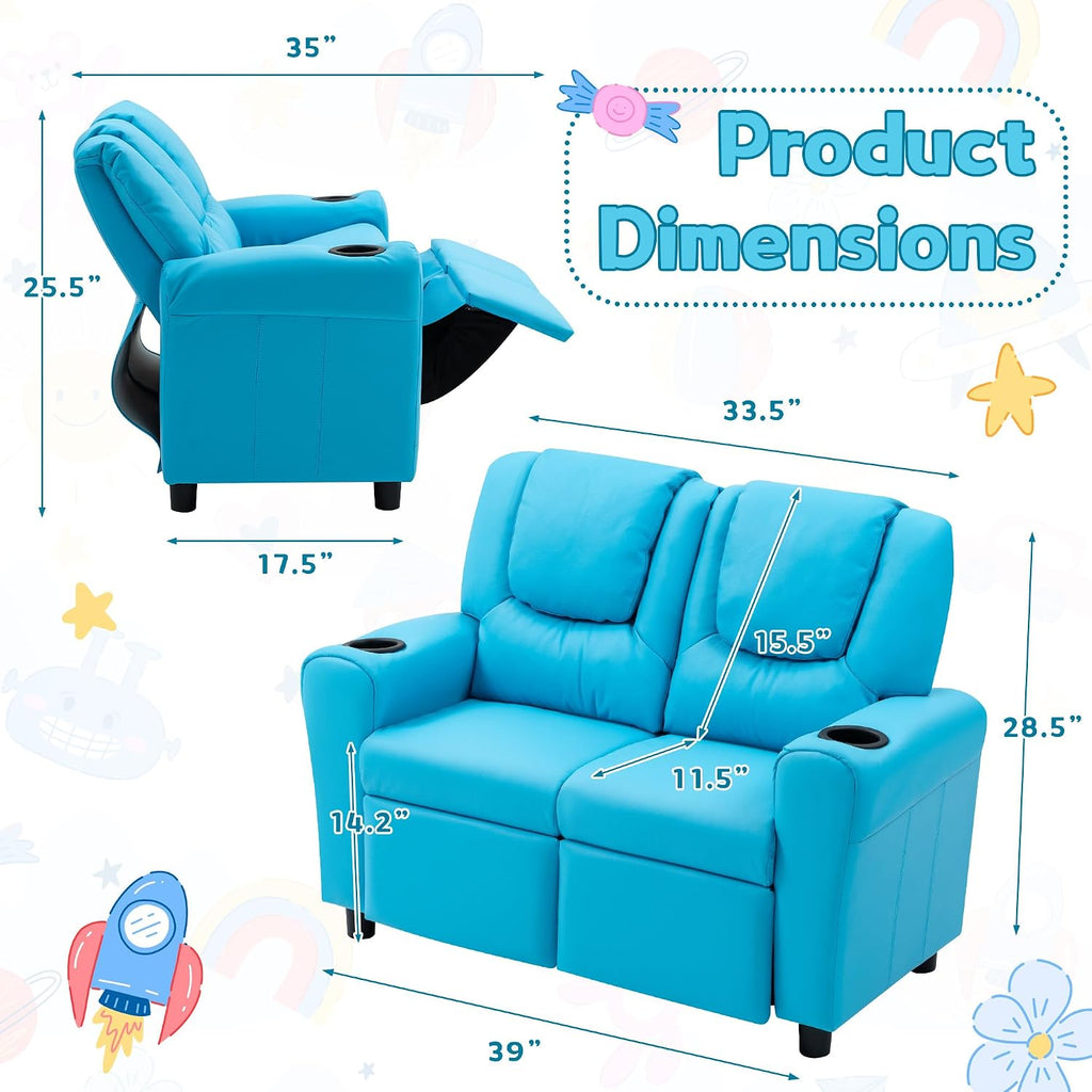 Toddler Recliner, Double Children Couch with Cup Holder, PU Leather Kids Sofa, Kids Loveseat w/Adjustable Footrest &