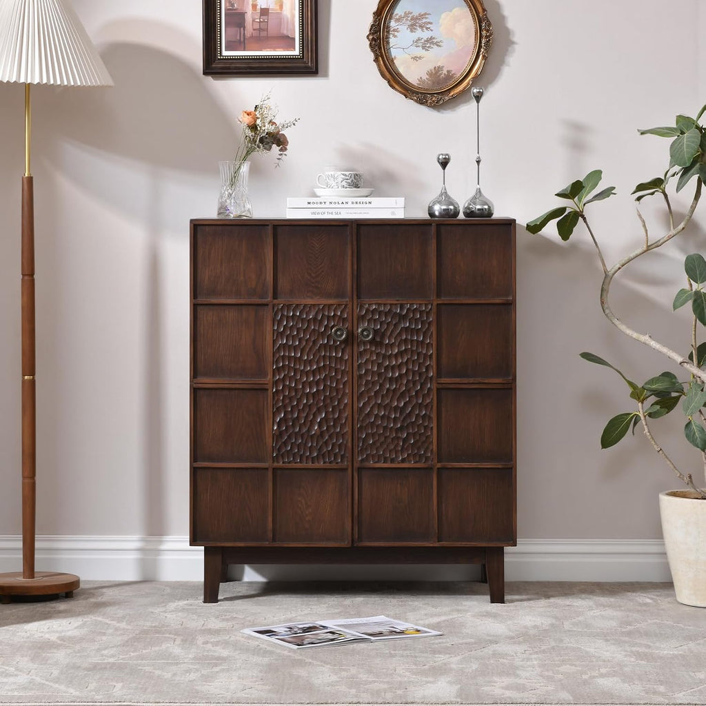 Mid-Century Modern Accent Cabinet with Textured Doors, 4-Cube Storage Cabinet, Walnut Wood Storage Cabinet , 31.5"