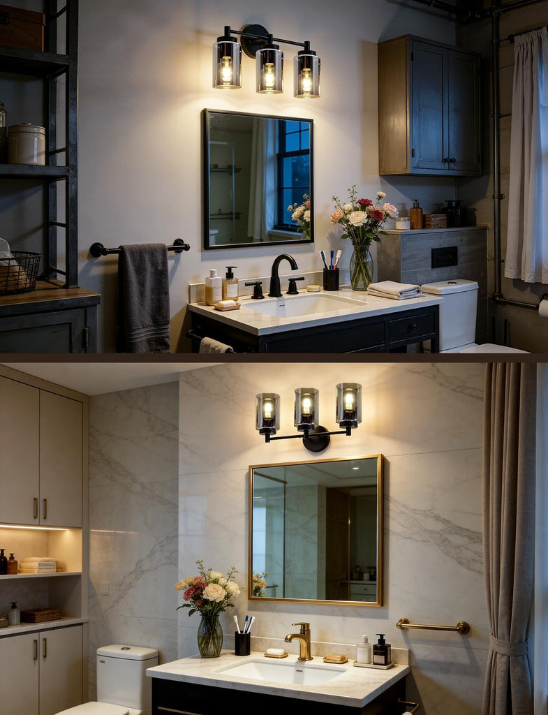 3 Light Bathroom Vanity Light Contemporary, Matte Black Sconce | 17.12", Electroplated Glass, Soft Glow, Bath Bar