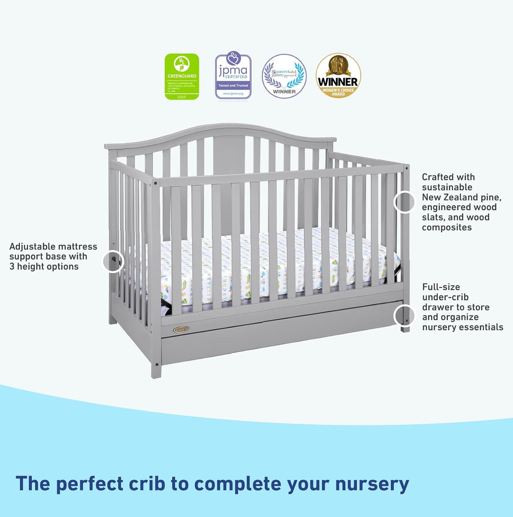Solano 4-in-1 Convertible Crib with Drawer, Pebble Gray | GREENGUARD Gold Certified, Includes Full-Size Nursery