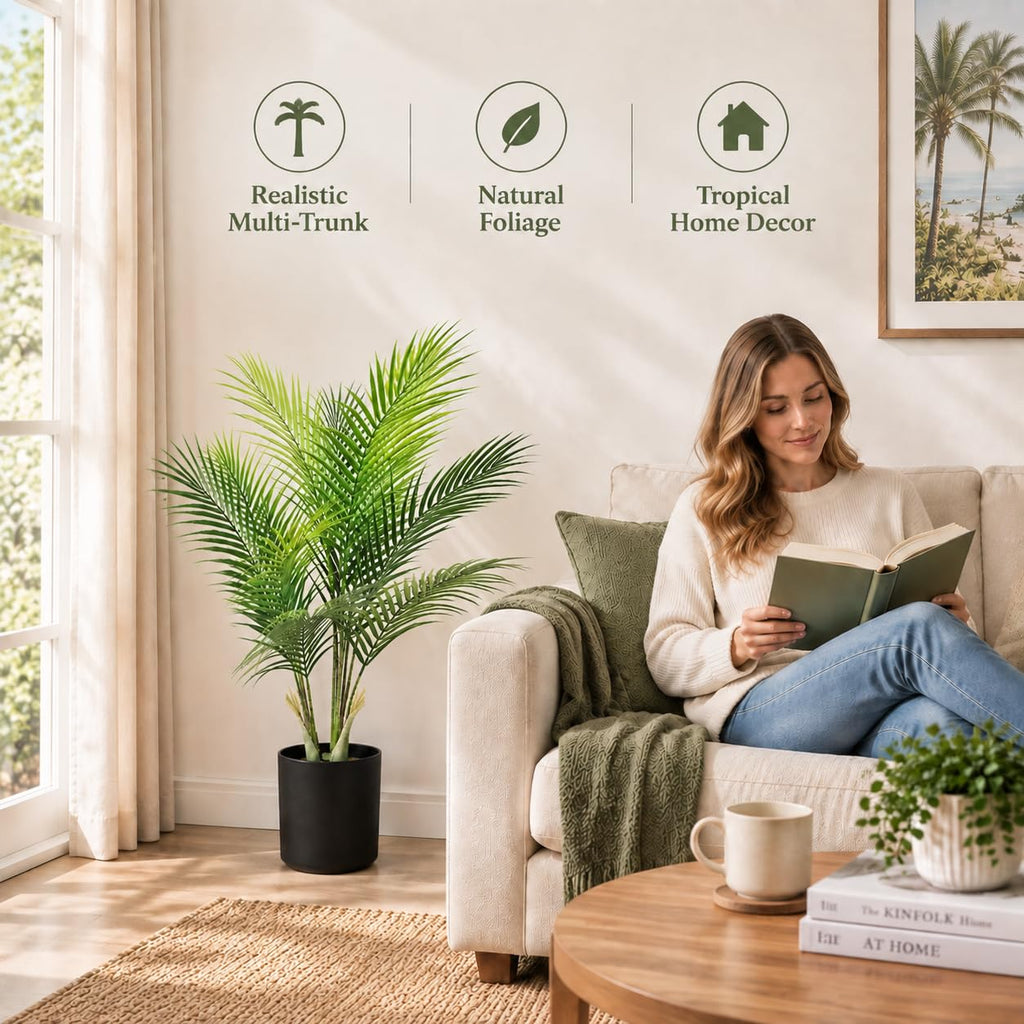 32-Inch Artificial Palm Tree, Faux Palm Tree with 11 Trunks and Pot, Palm Trees for Outside Patio, Indoor & Outdoor