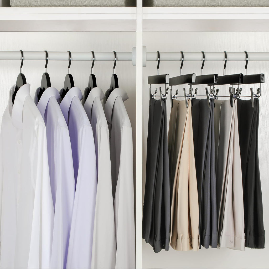Black Wooden Pants Hangers, Wood Skirt Hangers with Clips, Deluxe Jeans Hanger with 360° Swivel Anti-Rust Flat Hook