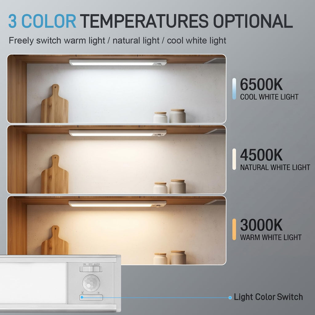 4Pack Aluminum Under Cabinet Lighting, 12inch Rechargeable Ultra-Thin Magnetic Motion Sensor Closet Lights, 3 Colors