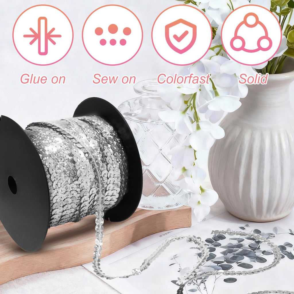 Sequin Trim, Silver, 6mm Flat Round Sequins - 100 Yards