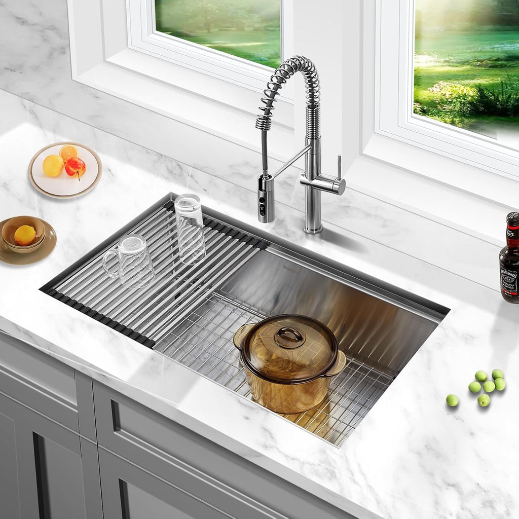 33x19 Workstation Undermount Kitchen Sink Stainless Single Bowl | Rounded Corners 10" Deep Basin, 18G T304