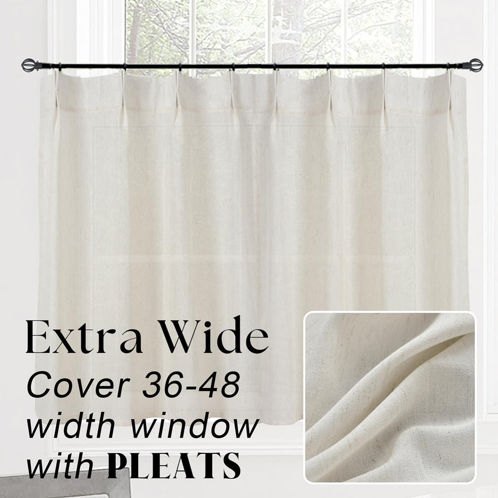 Pinch Pleat Cafe Curtains 24 Inch Length for Kitchen Window Over Sink, Cream Linen Light Filtering Sheer Farmhouse