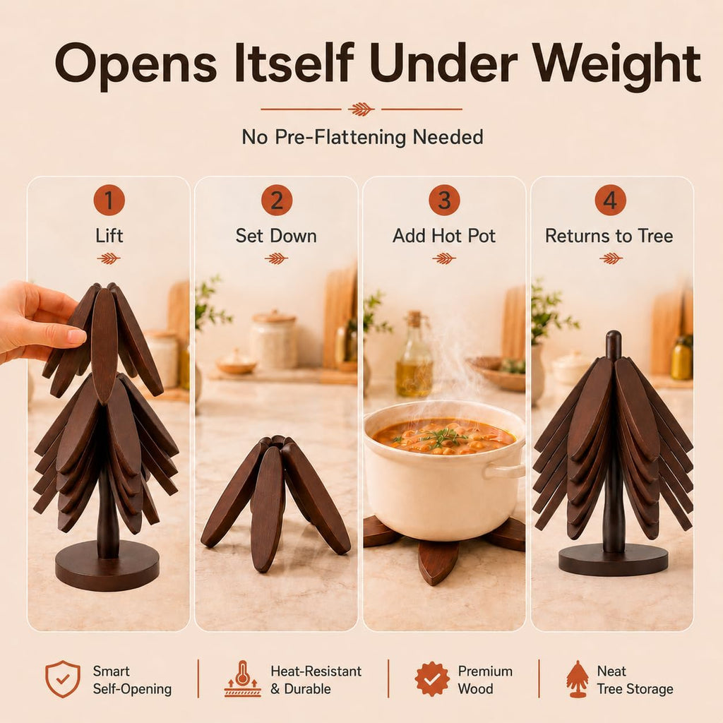 Wooden Trivets for Hot Dishes,5-Pads,Silicone Spoon Holder Included