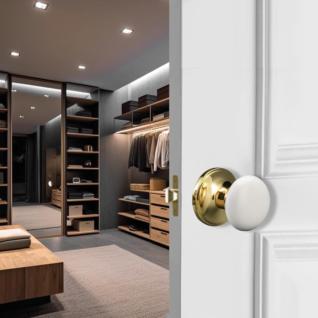 White Door Knobs, Porcelain Round Door Handle with Polished Brass Plate