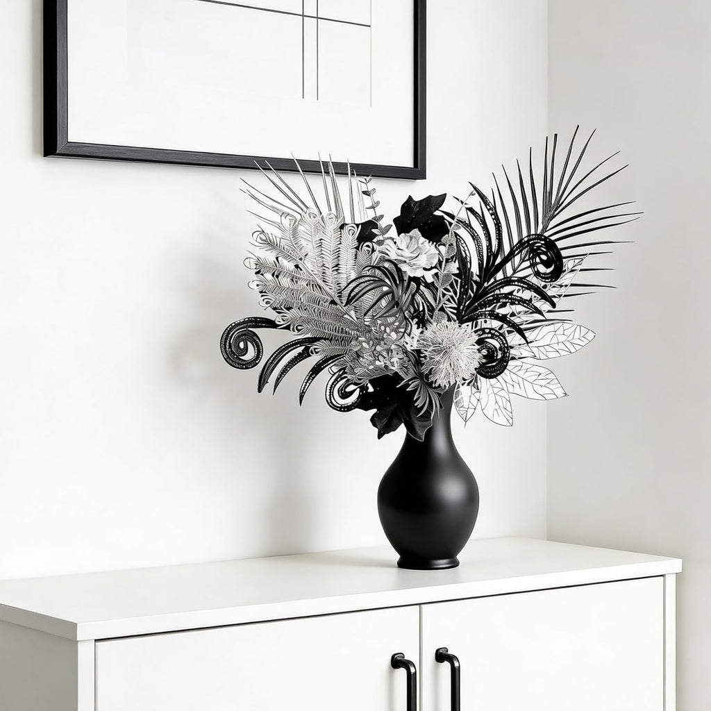 Luxurious Black Silver Artificial Flowers,17-Inch Modern Gothic Bouquet - Set of 13