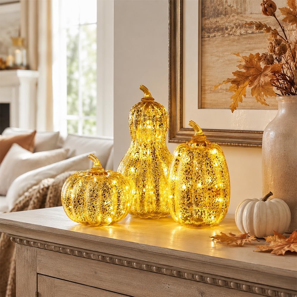 Lighted Glass Pumpkin Decor, Set of 3 Gold Mercury Glass Pumpkins with Lights and Timer for Fall Thanksgiving