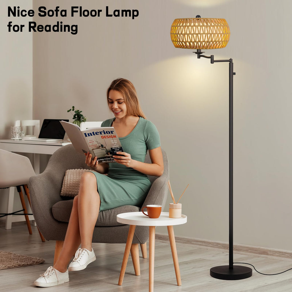 Dimmer Rattan Floor Lamp, Tall Boho Standing Lamp with Swing Arm, Hand Woven Lamp with 2 * 9W LED Bulb, Bright Tall Lamp
