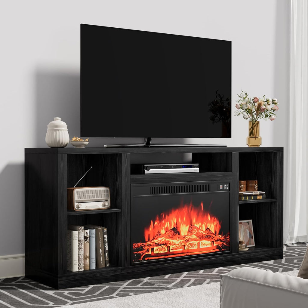 Electric Fireplace TV Stand for Televisions up to 65+ Inch, Media Entertainment Center Console Table with Four Open