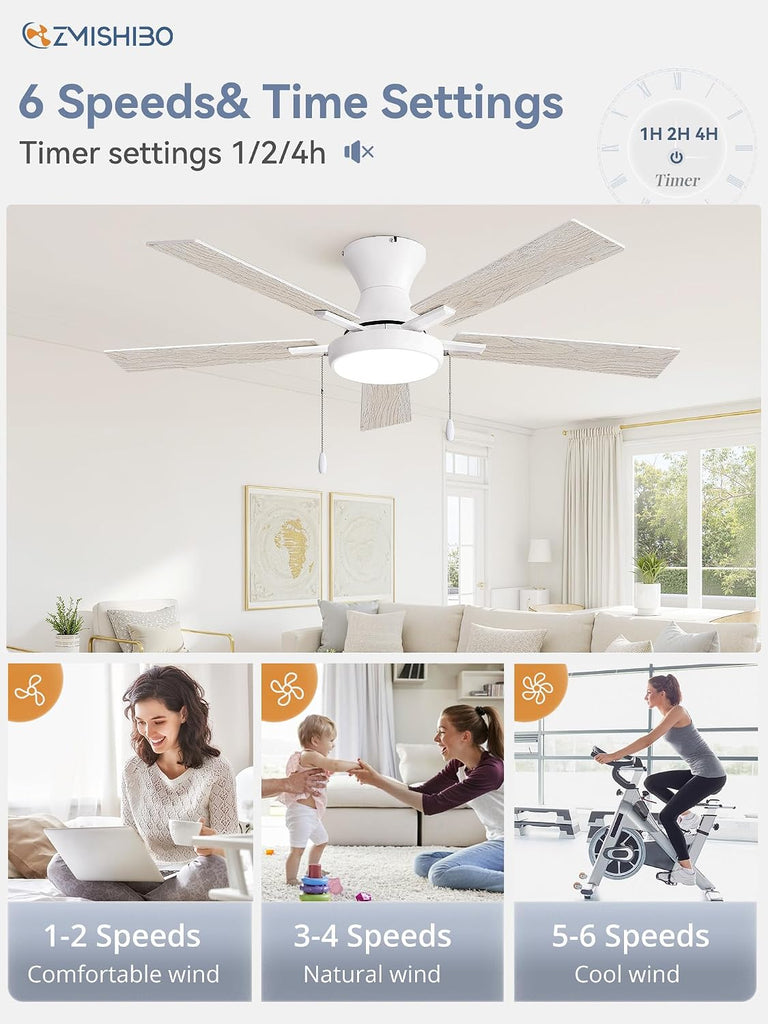 52" Low Profile Ceiling Fan with Pull Chain Remote, White