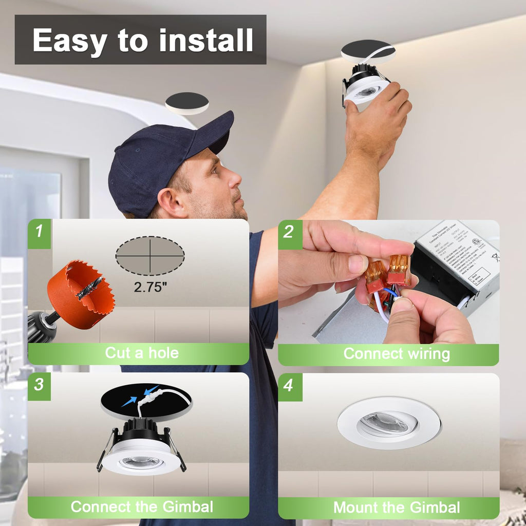 3 Inch LED Recessed Lights 6 Pack,Adjustable Gimbal Downlight, Black