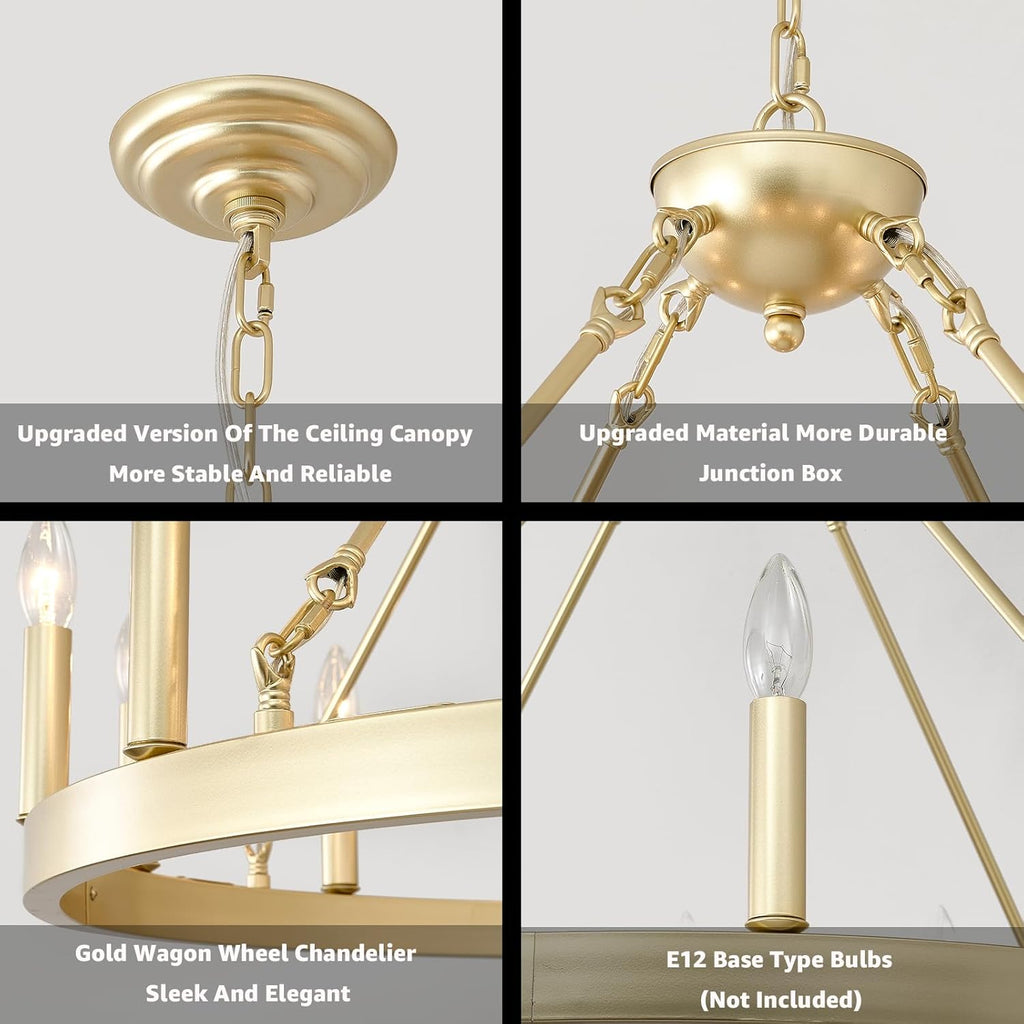 Inspired Camino Style Chandelier - Gold Wagon Wheel Chandelier Farmhouse 32-Inch, 12-Light Modern Gold Chandelier for Dining Room, Round Iron Industrial Chandeliers Light Fixture for Living Room, Foyer, Entryway, E12 A105-B0DM1YQ7PG