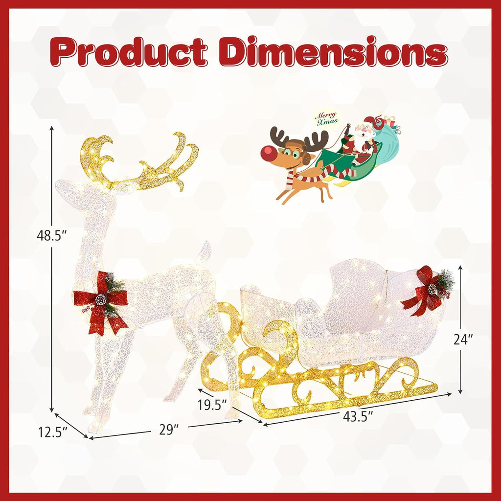 4 FT Lighted 3D Reindeer & Sleigh, Pre-lit Christmas Decoration with 215 Warm White LED Lights, 8 Ground Stakes & 30