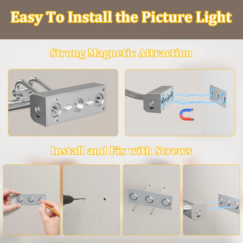 Picture Light for Wall, RF Remote, USB Charging Platinum Silver