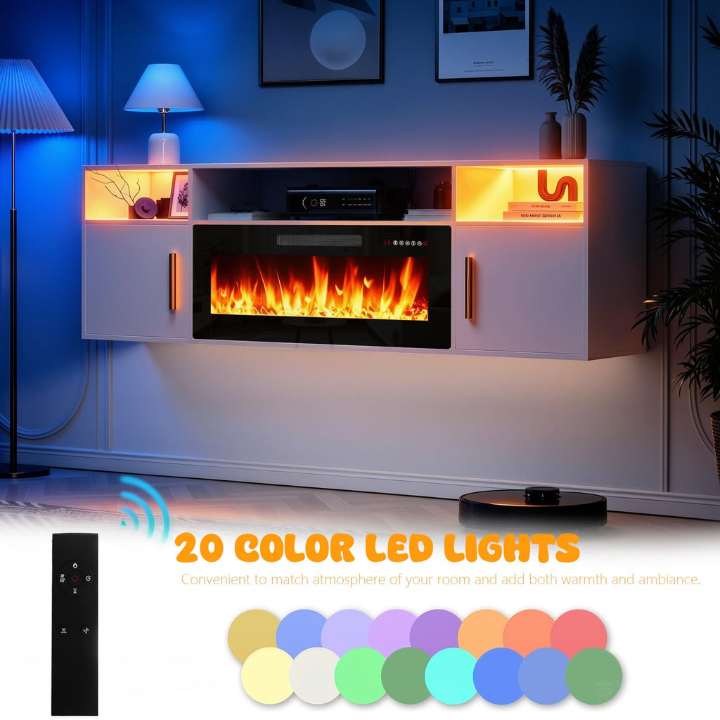 70" Floating TV Stand with 36" Electric Fireplace, Wall Mounted Fireplace LED Light Entertainment Center with Open