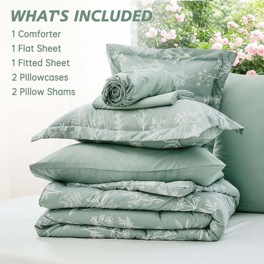 Queen Comforter Set 7 Pieces, Sage Green Bed in a Bag Queen Reversible Botanical Flowers Design