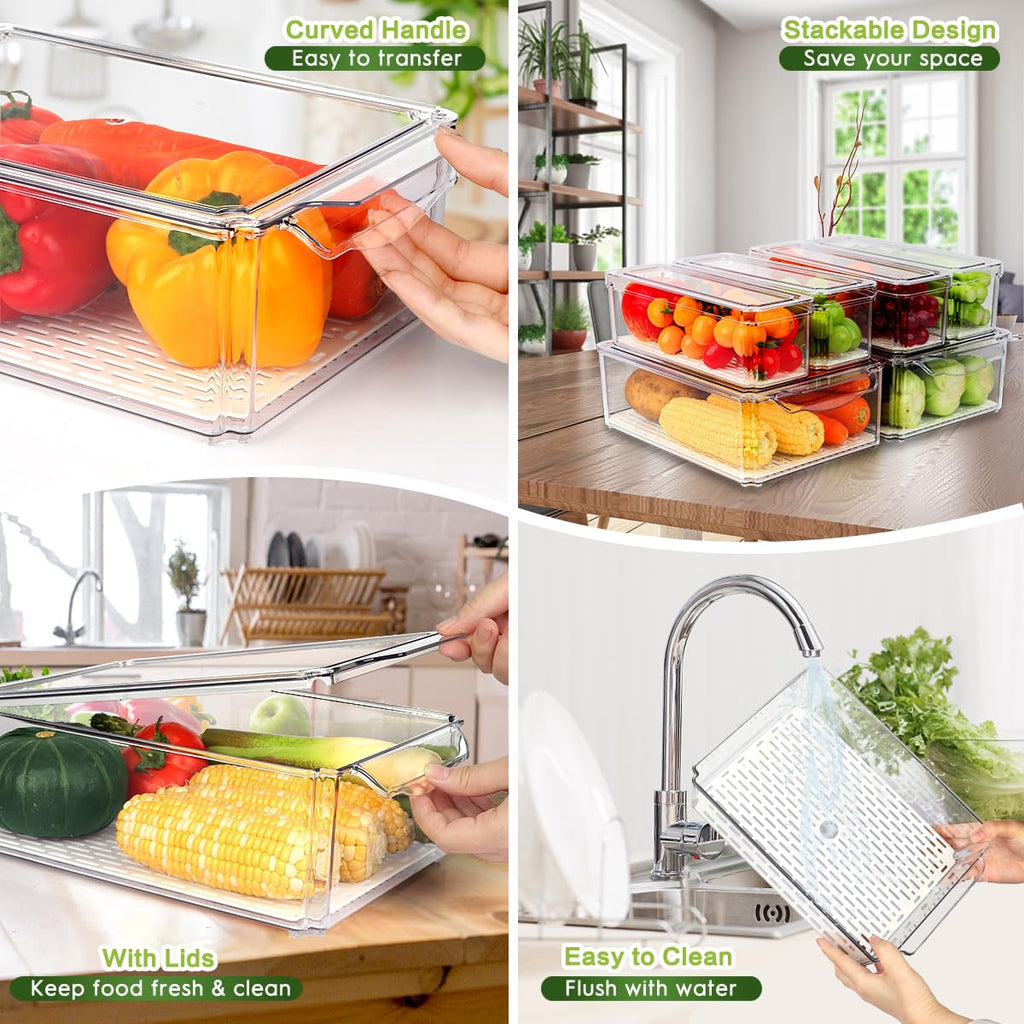 6 Pack Fridge Organizer Bins with Lids, Stackable Clear Storage