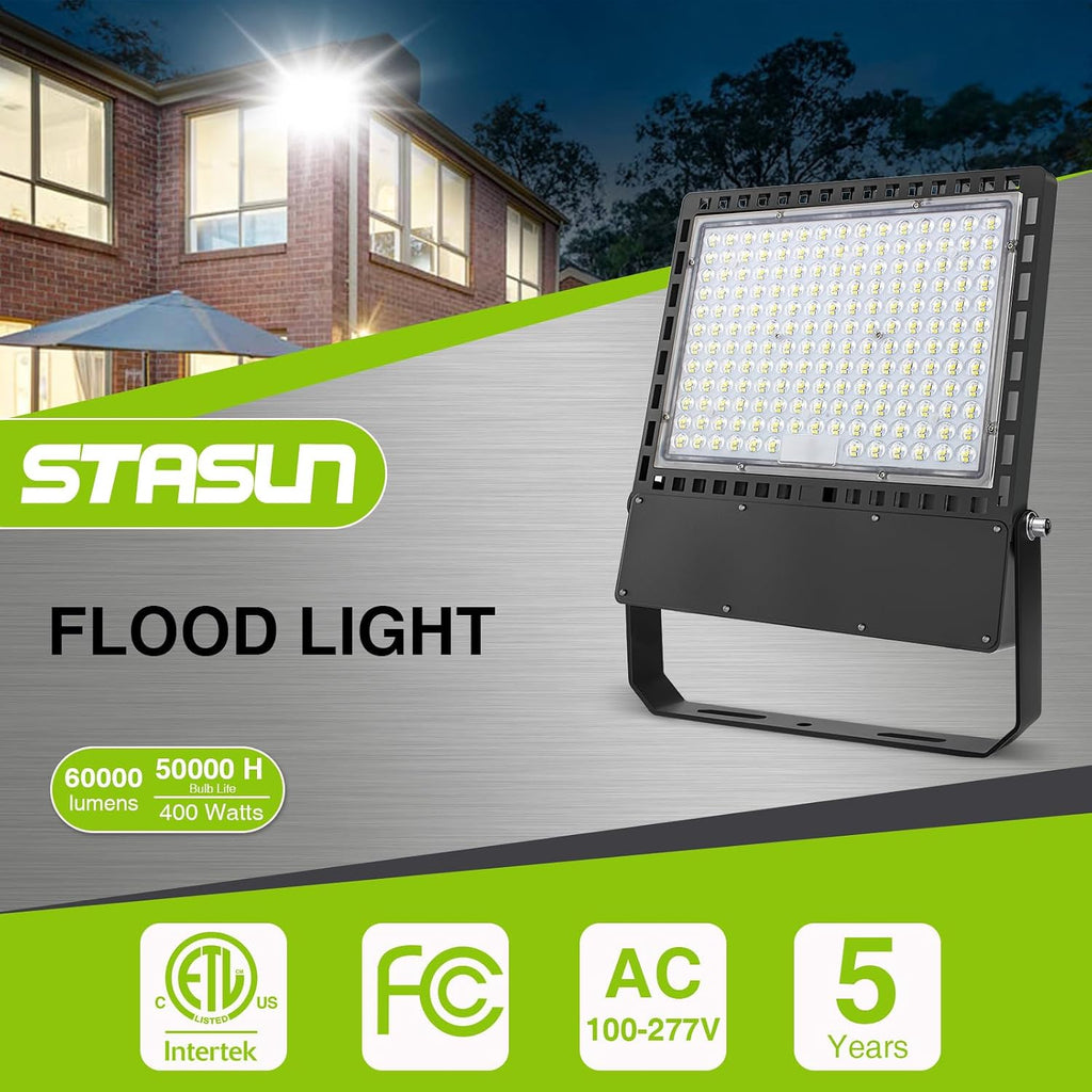 Flying Series Ultra 400W 60000LM LED Flood Light Outdoor, 100-277V 5000K White, IP67 Waterproof Stadium Lights for