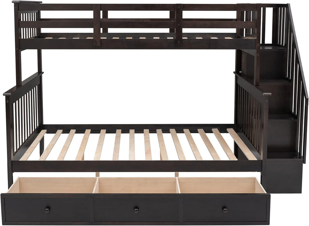 Wood Twin Over Full Bunk Bed with Storage Stairs for Kids Boys Girls, Stairway Bunk Bed with Drawers and Guardrails