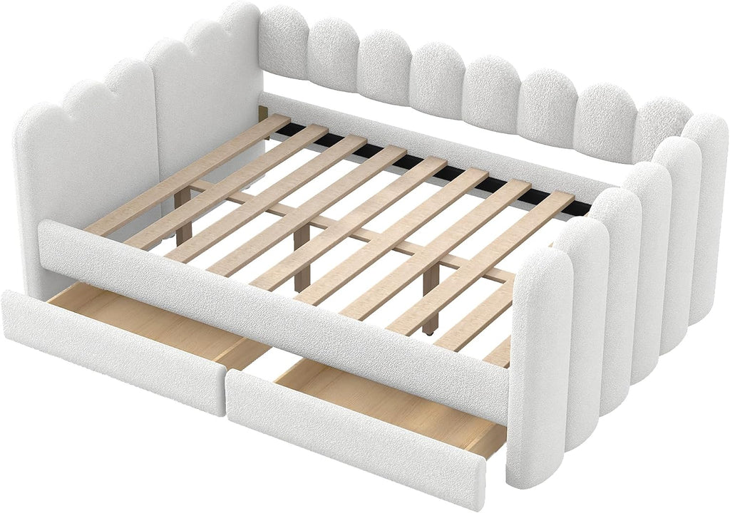 Queen Size Lambswool Upholstered Daybed with 2 Storage Drawers, Modern White Soft Daybed Frame, Curved Ribbed Panel