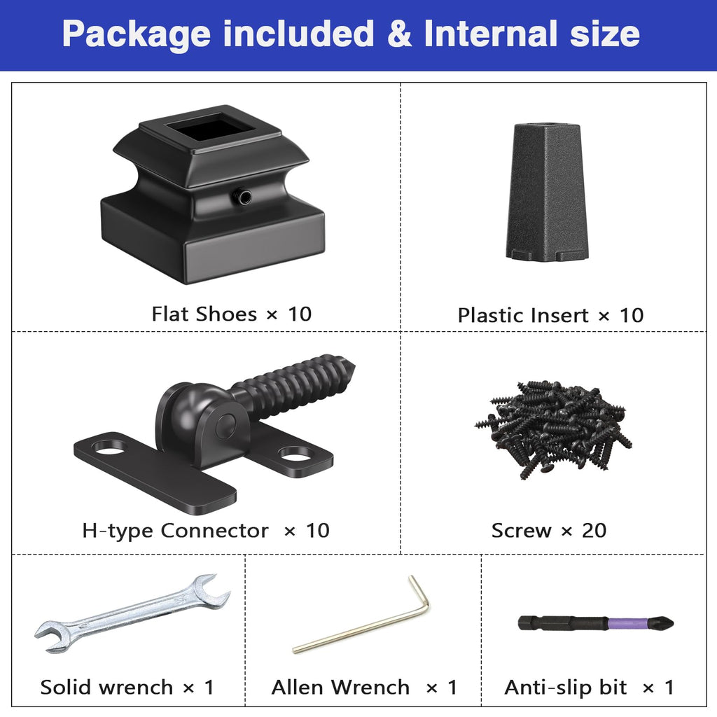 10-Pack Baluster Connectors with Flat Shoes Adjustable Height and Angle Connectors for 1/2'' Square Balusters for