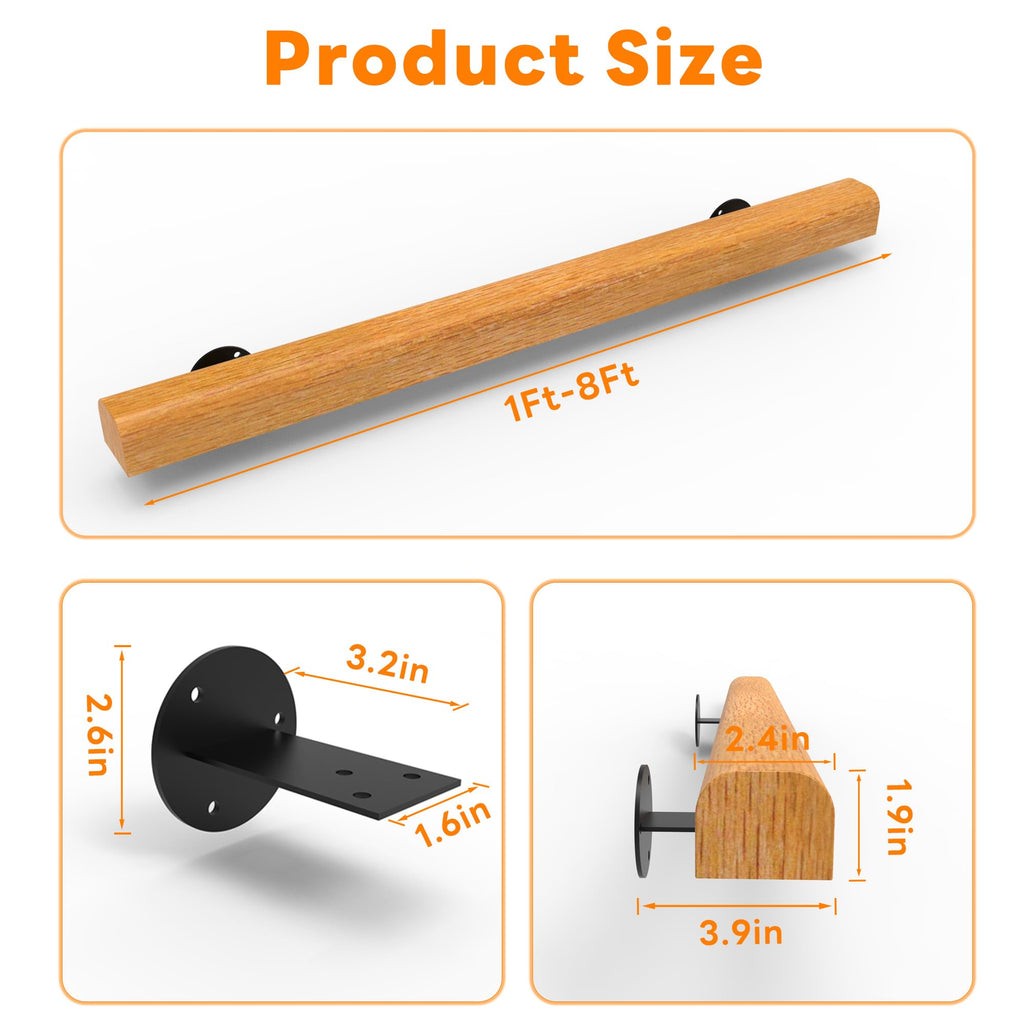 1FT Wood Stair Handrails Wall Mount, Hand Railings for Stairs Indoor Outdoor, Non-Slip Staircase Handrail for