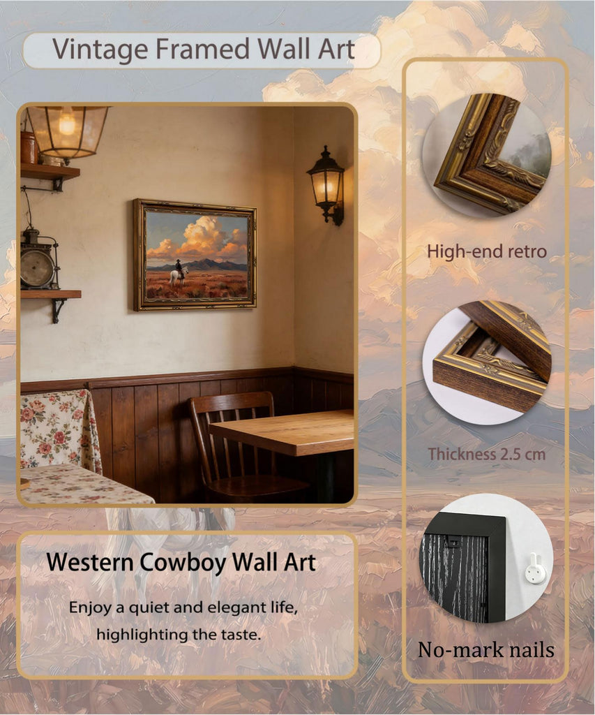 Vintage Gold Framed Wall Art Western Cowboy Wall Art Vintage Cowboy on Horse Wall Decor Picture Rustic Sunset