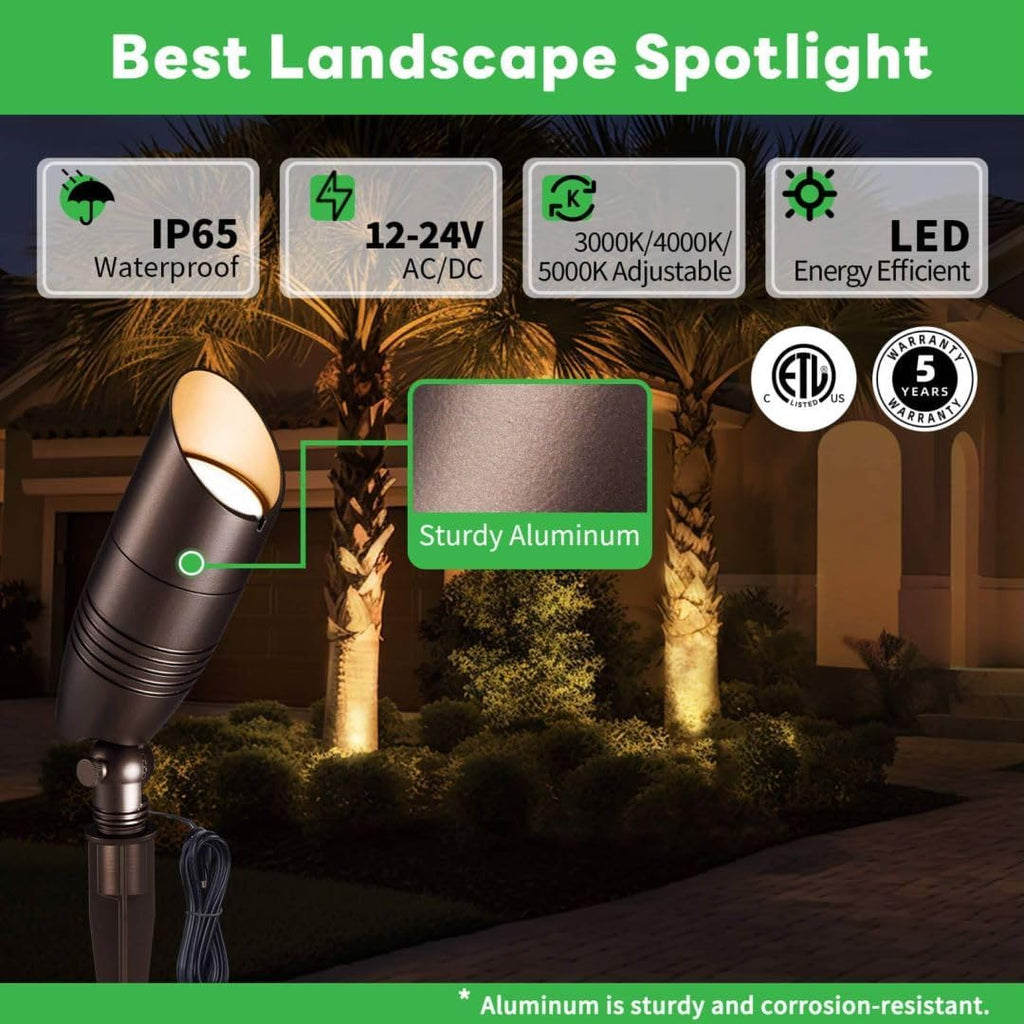 LED Spotlight, 3000K/4000K/5000K Adjustable Color Temperature Waterproof Outdoor Landscape Uplight, 12V AC/DC Wired