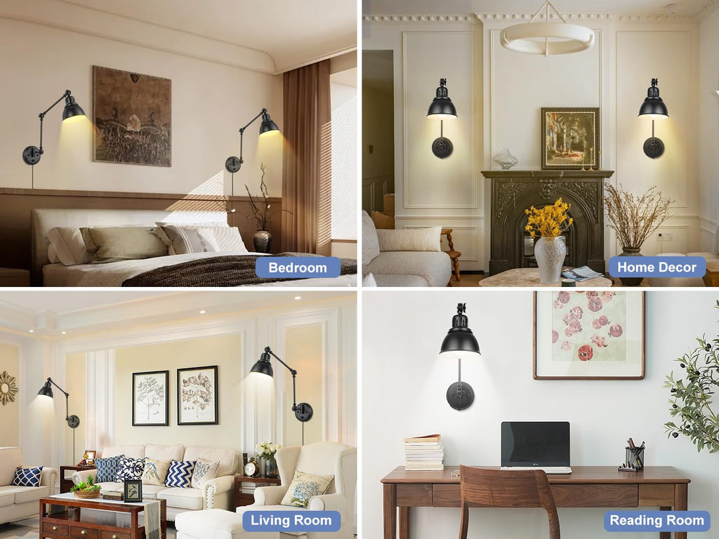 Plug in Wall Sconce, Dimmable On Off Switch, Swing Arm Wall Lamp, Black Metal Industrial, Plug in Wall Light