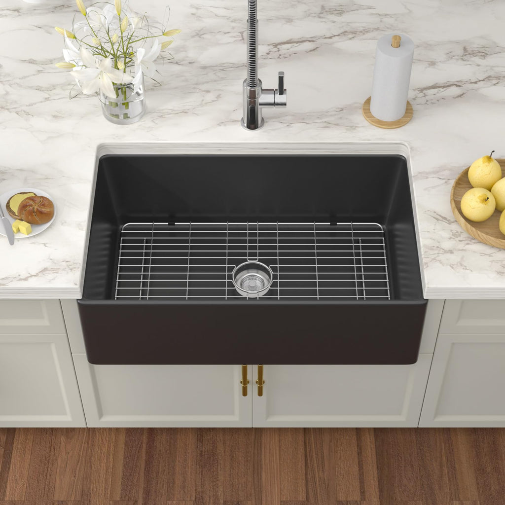 Black Fireclay Farmhouse Sink - 33 Inch Matte Black Apron Front Farm Sink Porcelain Farms House Style Single Bowl
