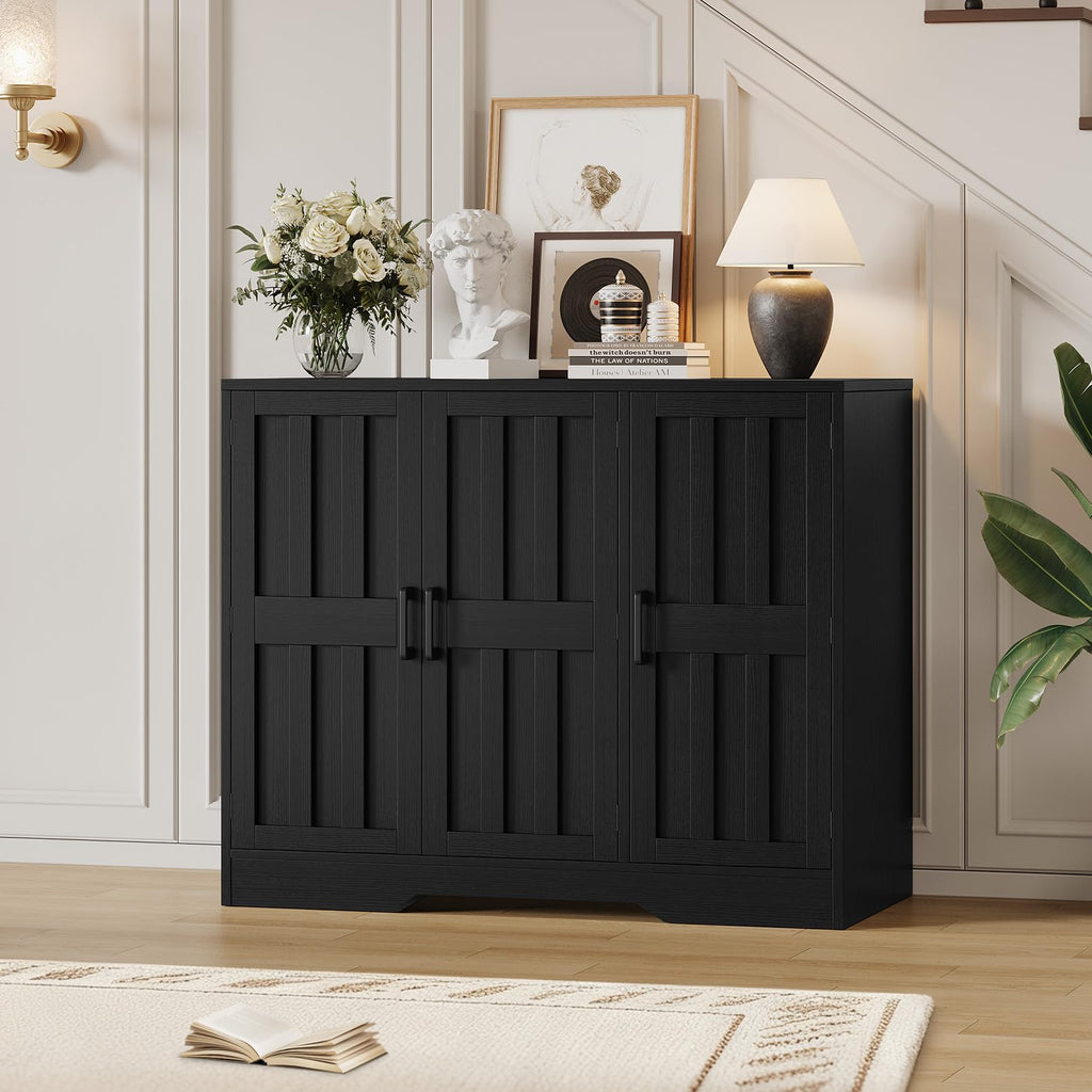 Modern Farmhouse Buffet Cabinet with Storage, 42" Large Sideboard Storage Cabinet with 3 Barn Doors, Coffee Liquor