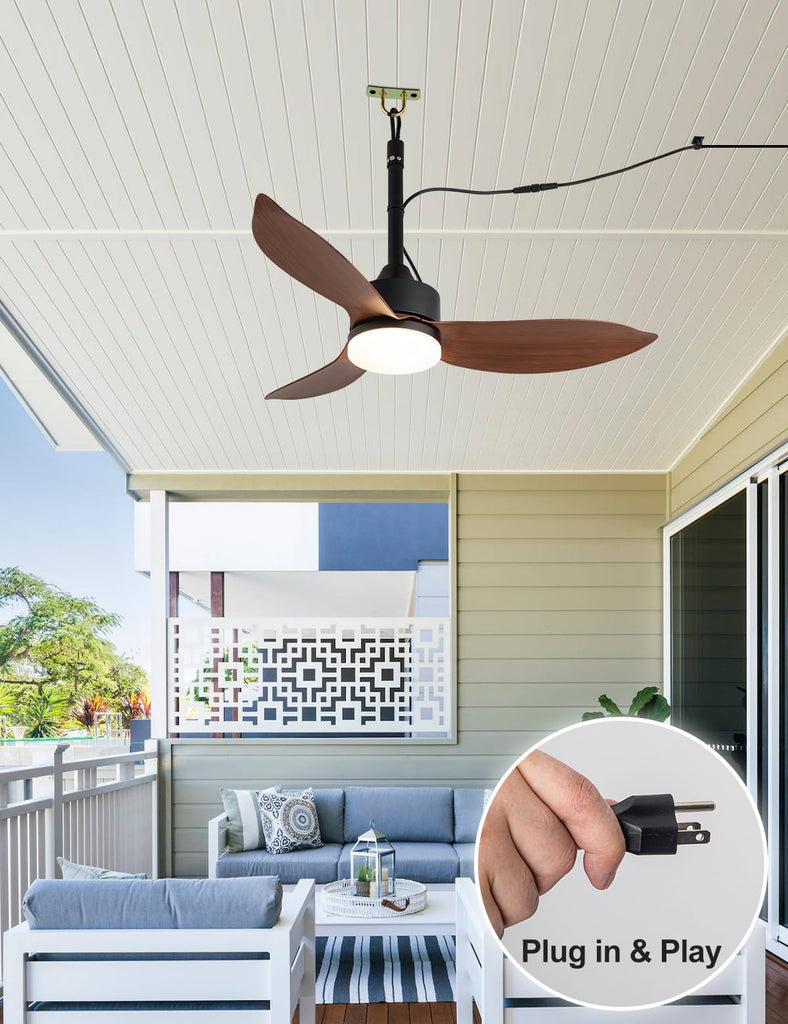 46" Plug In Outdoor Gazebo Ceiling Fan with Light and Hook, IP65 Waterproof Wet Rated Patio Ceiling Fans, Brown