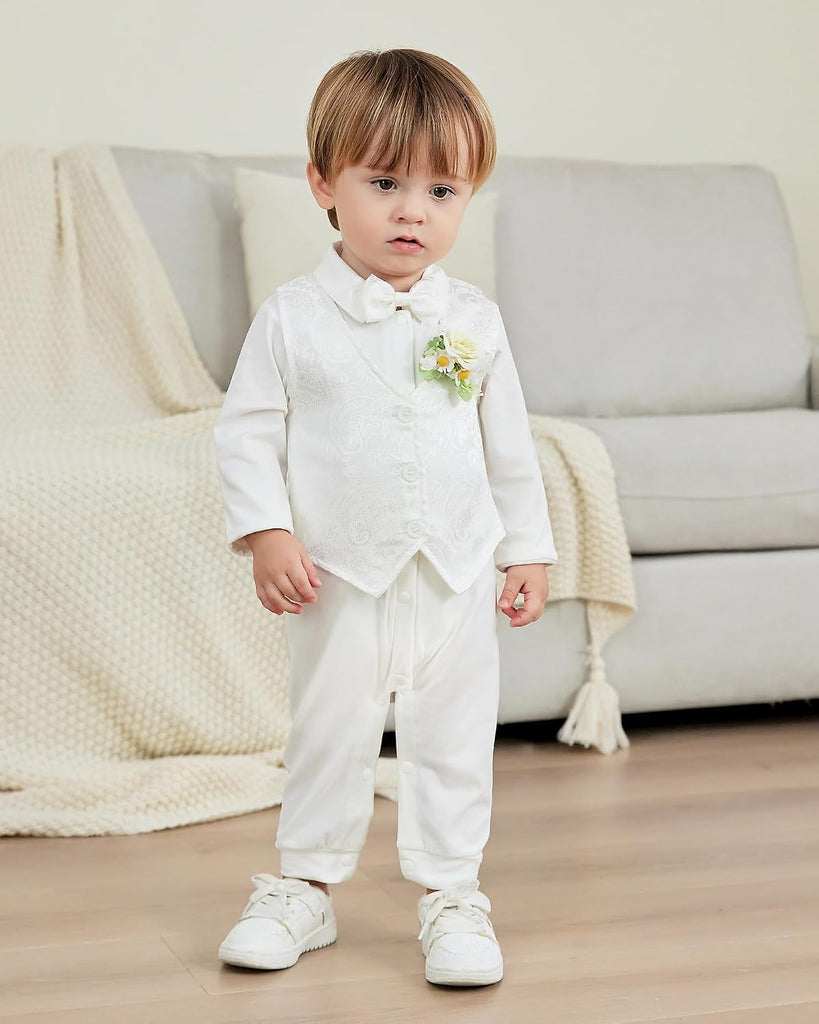 Baby Boy Suit Gentleman Clothes Wedding Outfits Formal Jumpsuit Long Sleeve Romper+Vest