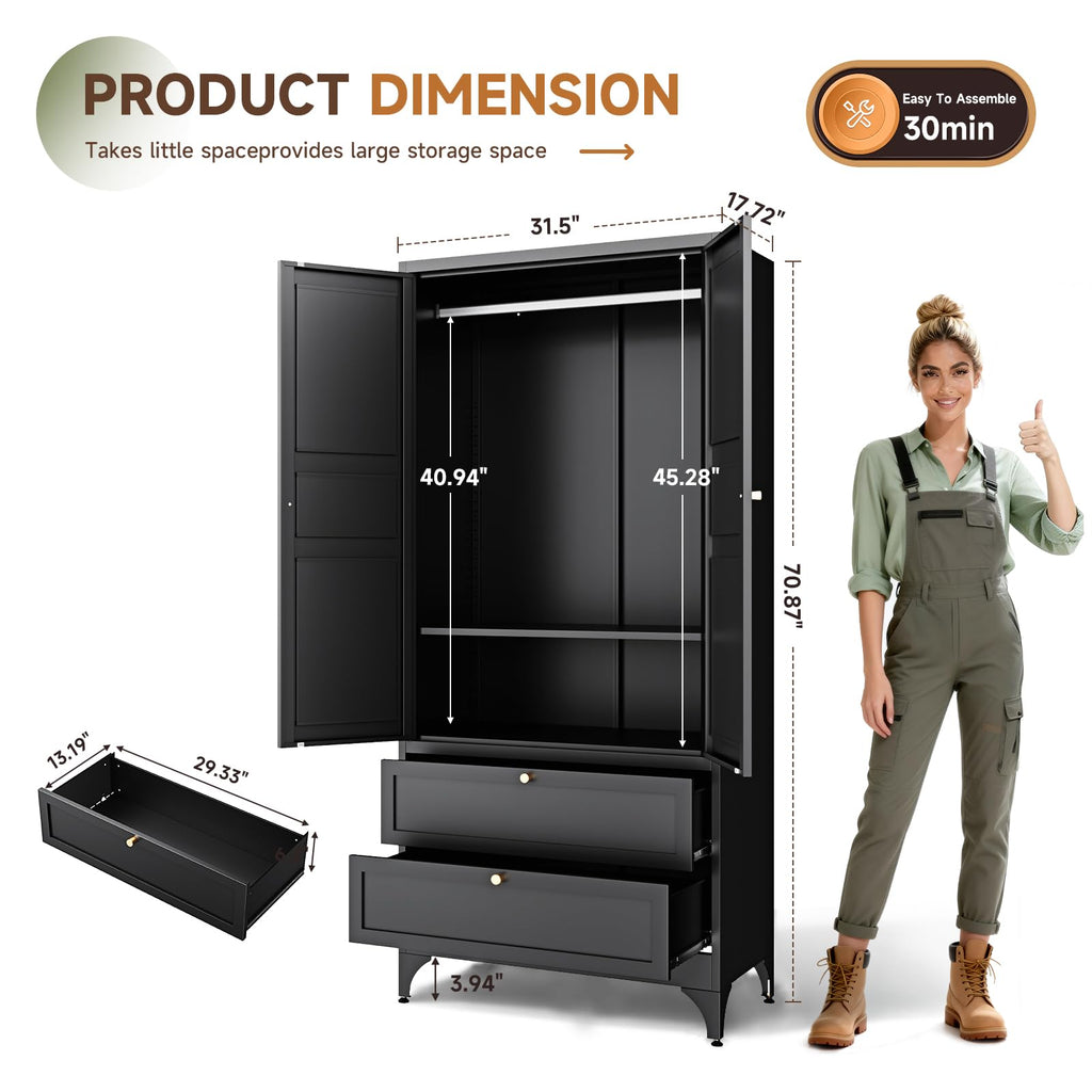 Metal Armoire Wardrobe Closet with Drawers, Clothing Storage Cabinet with Doors and Shelves, Coat Closet with Hanging