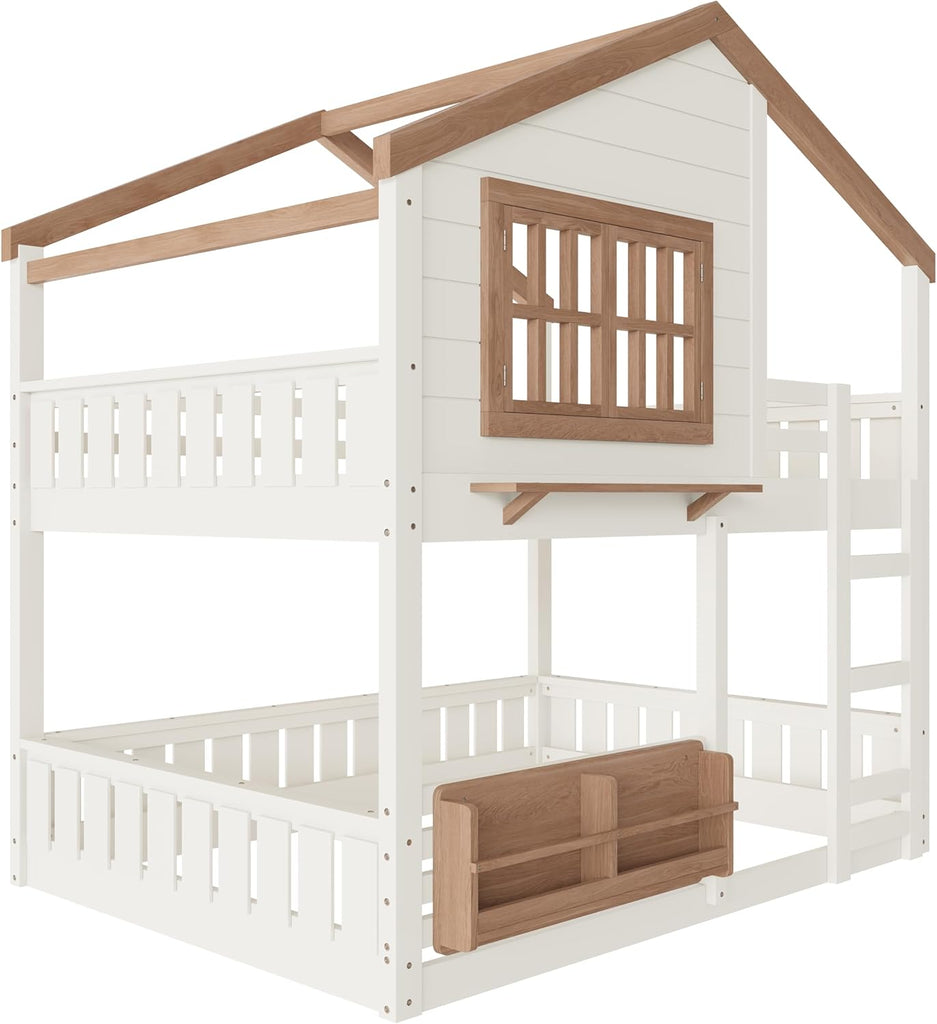 Bunk Bed Full Over Full with Ladder, House Bunk Beds with Bookshelf and Window for Kids, Teens, Beige & Natural
