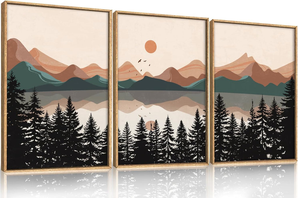 Boho Mountain Sunset Framed Canvas Wall Art Set,Colorful Mid Century Forest Wall Decor,Beige Nature Pine Tree Art