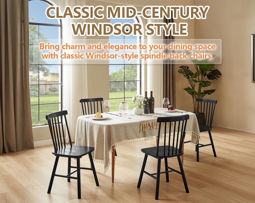 Windsor Dining Chairs Set of 4 with Spindle Back, Black