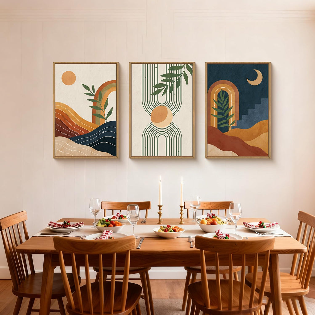 Mid Century Modern Wall Art Set of 3, Vintage Boho Framed Canvas Wall Decor, Minimalist Geometric Sun Moon Line Wall