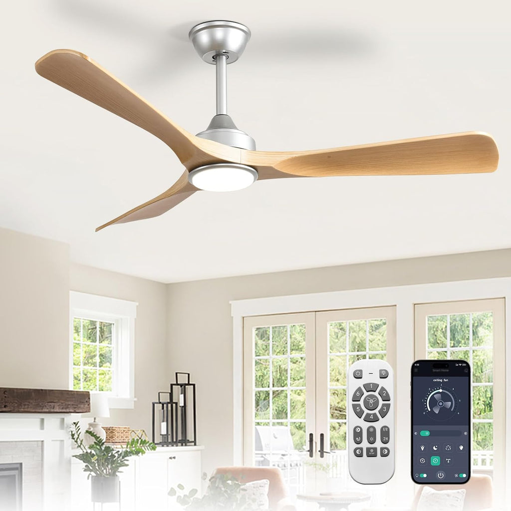 52-Inch Ceiling Fan with Light: Wood 3 Blade Outdoor Fans for Patios - Dimmable Indoor Fan with Remote APP Control Ultra Quiet DC Motor Reversible 6 Speed Timer A101-B0DRCTQT8S