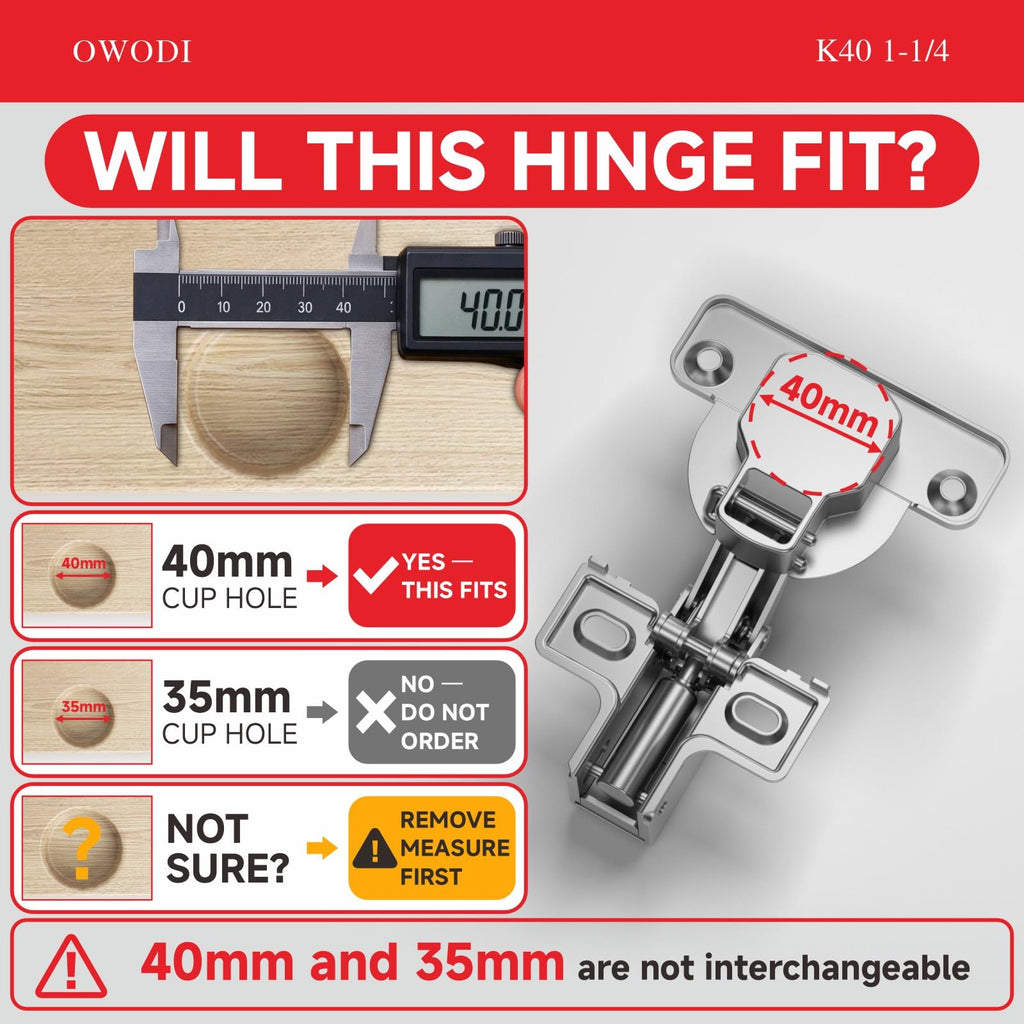 6 Pack 1-1/4 Inch Soft Close Cabinet Hinges - 40mm Cup Diameter, 95° Opening, 3-Way Self-Closing, Concealed Hinges