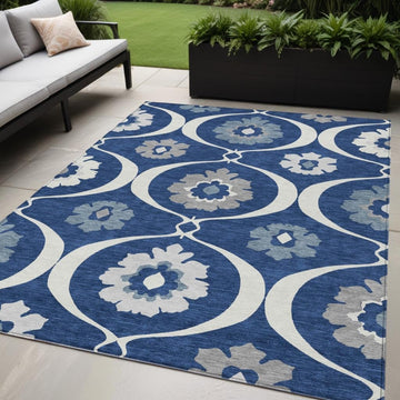 5 x 8 ft. Medallion Washable Indoor & Outdoor Rectangle Area Rug Navy Blue & Ivory