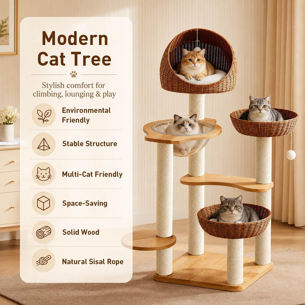 50in Solid Wood Cat Tree for Indoor Cats with Wicker Beds