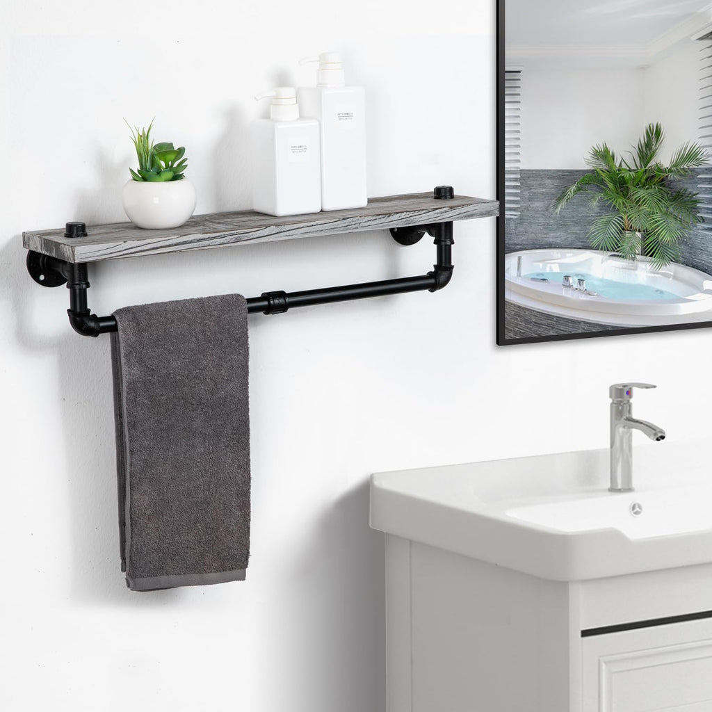 Rustic Style Torched Wood Towel Rack Wall Mounted Industrial Metal Pipe Bar Floating Bracket Shelf Bathroom Kitchen